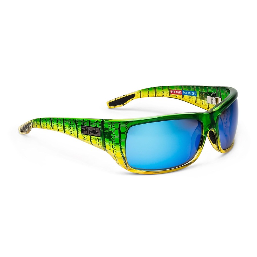 Pelagic Best Selling Sunglasses | Fish Hook - Polarized Mineral Glass Green Dorado - Blue Mirror