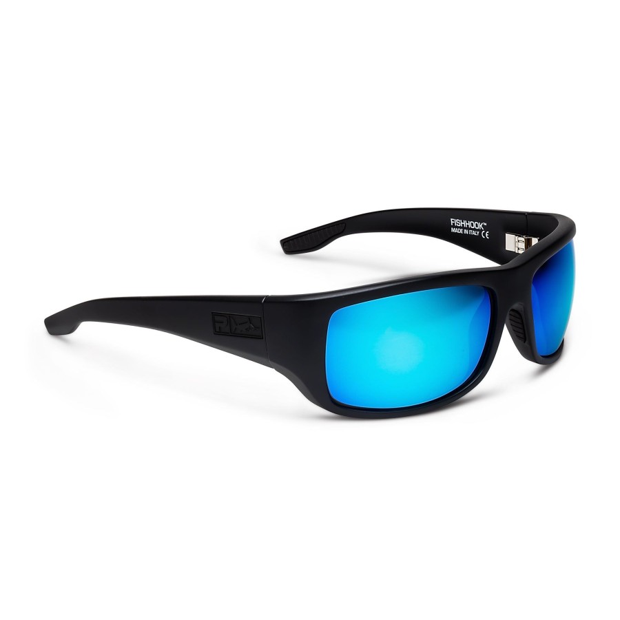 Pelagic Poly Polarized Lenses | Fish Hook - Polarized Poly Lens Matte Black - Blue Mirror