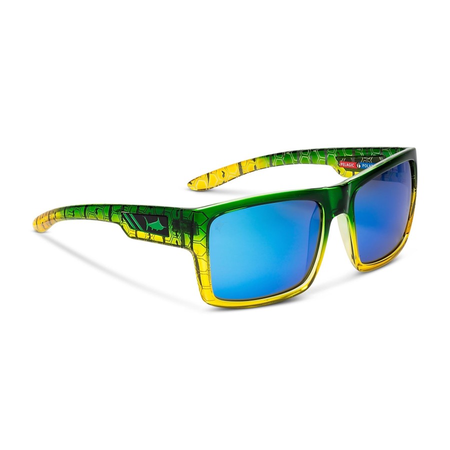 Pelagic Glass Polarized Lenses | Shark Bite - Polarized Mineral Glass Green Dorado - Blue Mirror